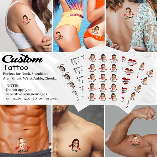 Vista 3 de Tatuajes temporales personalizados, tatuajes faciales personalizados para cumpleaños, boda, despedida de soltera, 1 juego de 15 tatuajes