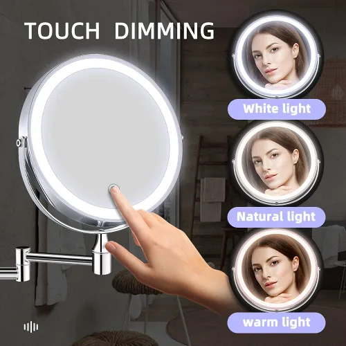 Vista 2 de Espejo de maquillaje iluminado para montar en la pared, espejo extensible de doble cara con aumento de 10X, espejo de aumento LED de 8 pulgadas