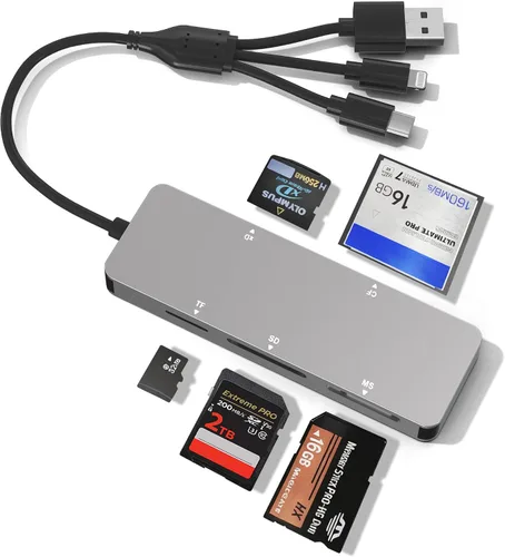 Vista 10 de OTG Memory Stick Pro Duo Adaptador 4 en 1 USB C/Lightning/USB-A a SD/TF/XD/MS lector de tarjetas para Sony Lexar Sandisk, lector de tarjetas