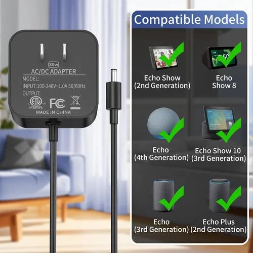 Vista 2 de Adaptador de corriente de 30 W para Amazon Echo (4.ª generación) Echo (3ª generación) Echo Show 10 (3ª generación) Echo Show (2.ª generación) Echo