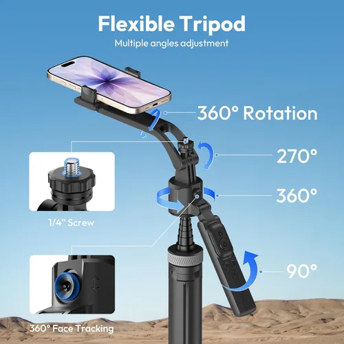 Vista 5 de ULANZI TT23 - Trípode de seguimiento facial automático de 64 pulgadas para iPhone/Android con control remoto, palo selfie giratorio de 360° que