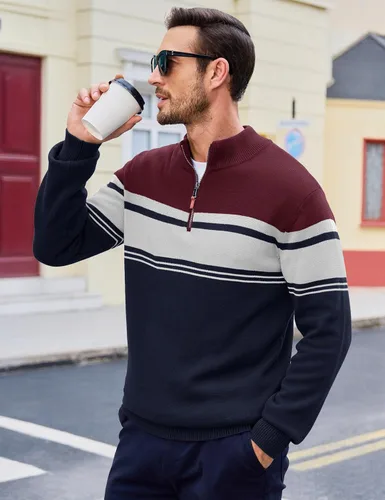 Vista 33 de MAGCOMSEN Suéteres de algodón con cremallera de 1/4 para hombre, suéter tipo polo, a rayas, para otoño e invierno, sudaderas cálidas