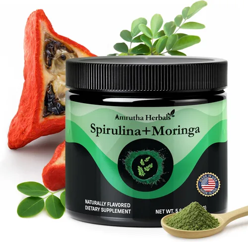 Vista 2 de Espirulina orgánica + polvo de moringa orgánica, sin gluten, apto para veganos, desintoxicante y digerido, superalimentos, 30 porciones fabricadas