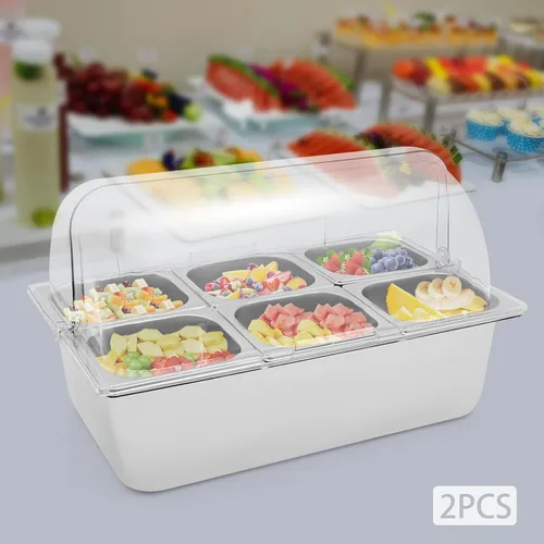 Vista 4 de Recipiente de exhibición de alimentos para encimera con tapa transparente, bandeja de servir de acero inoxidable, suministros de catering