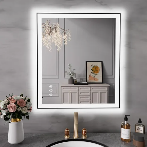 Vista 26 de Espejo de baño LED de 24x28 pulgadas con marco negro, espejos de baño retroiluminados y con luz frontal para pared, antiempañamiento, regulable
