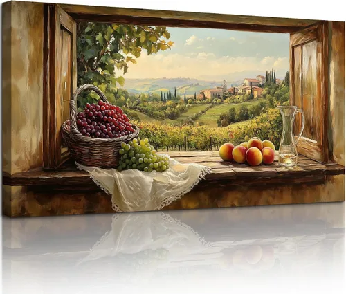 Vista 12 de crmotu Vineyard Arte de Pared de Ventana Falsa, Obra de Arte Grande de Paisaje de Campo Italiano, Impresiones de Campos de Uva Decoración de Pared