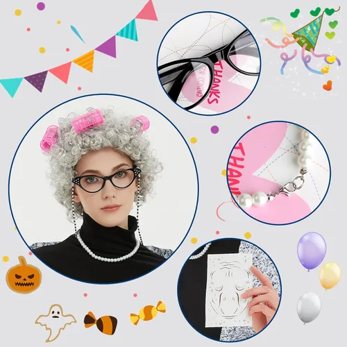 Vista 7 de Old Lady Costume for Women Kids,8Pcs Grandma Cosplay Set for 100th Day of School Granny Costumes Halloween Accessories