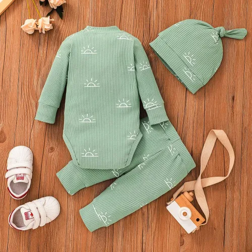 Vista 6 de PATPAT Ropa para bebé recién nacido, con estampado de letras, mameluco, pantalones, gorro, 3 piezas