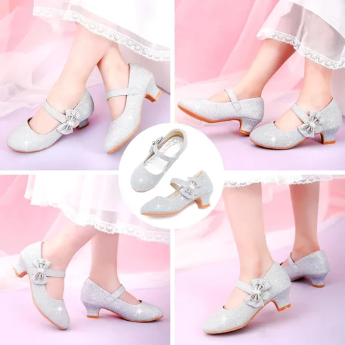 Vista 7 de Dufannie Zapatos de vestir para niñas, zapatos de tacón bajo de princesa, zapatos planos con purpurina para bodas y fiestas