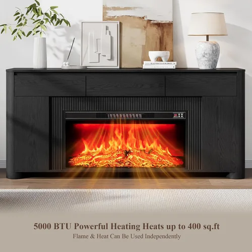 Vista 6 de Soporte de TV con chimenea de 70 pulgadas para TV de 80 pulgadas, consola Negro