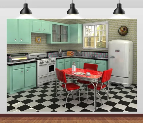 Vista 3 de Telón de fondo retro de tela de 5 x 3 pies para fotografía interior, cocina, comedor, escena, fondo de los años 50, decoración de cumpleaños