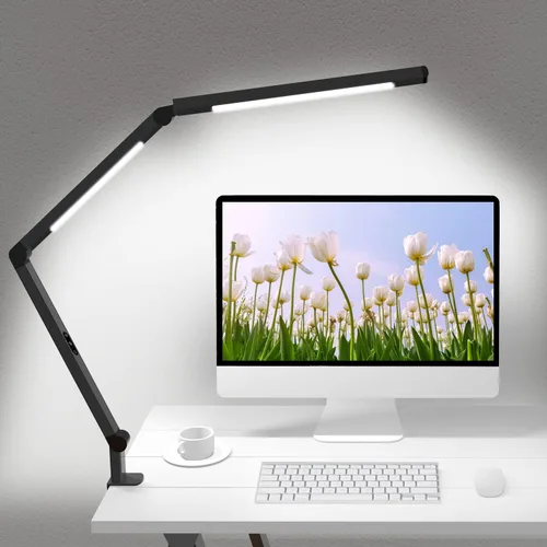 Vista 10 de Micomlan Lámpara de escritorio LED con abrazadera, lámpara de mesa de doble luz con brazo oscilante ajustable, cuidado de los ojos, 4 modos CCT y 5