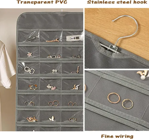 Vista 7 de AARAINBOW Organizador de joyas colgante de doble cara con 80 bolsillos, colgador de joyas para aretes, collares, anillos en armario, pared, puerta