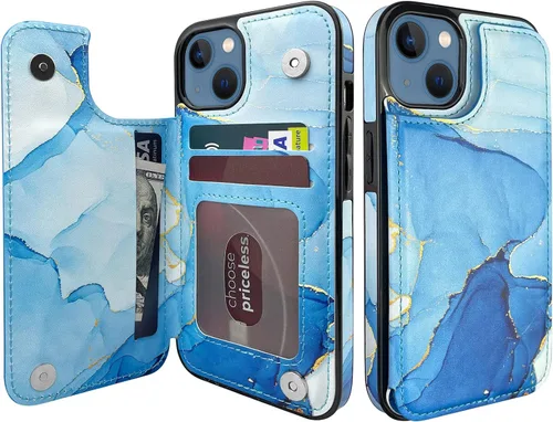 Vista 15 de Funda tipo cartera para iPhone 13 y 14 con soporte para tarjetas, funda trasera de piel sintética, con ranuras para tarjetas, doble cierre