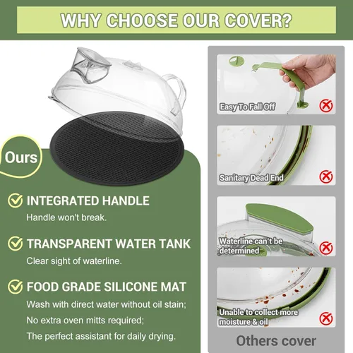 Vista 2 de Cubierta antisalpicaduras para microondas para alimentos, tapa transparente con vaporizador de agua, asa integrada, protector contra salpicaduras