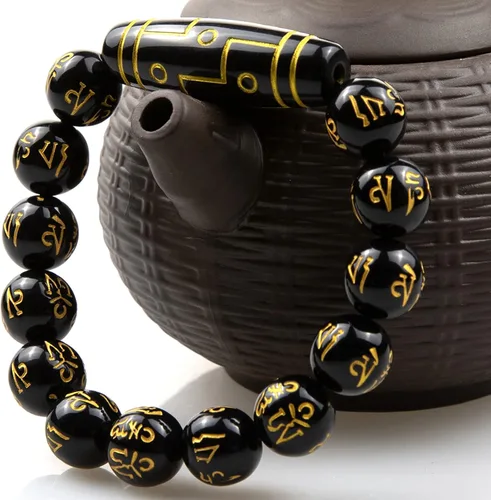 Vista 4 de Fardtry Obsidian Sánscrito Feng Shui Pulsera negra Lucky Fortune con caja de regalo premium negro