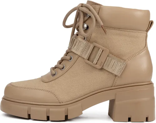 Vista 7 de REDTOP Botas de combate para mujer con suela de lengüeta gruesa, botas de tobillo con cordones y hebilla casual