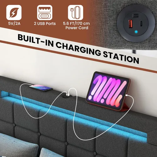 Vista 4 de Giantex Base de cama individual con luces LED y 4 cajones, base de cama de plataforma tapizada con puertos USB, diseño de cabecera ajustable