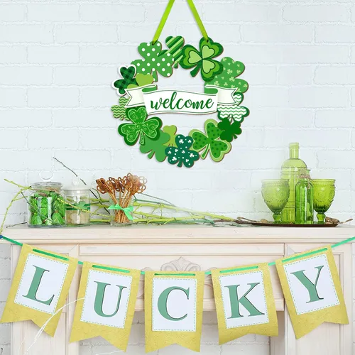 Vista 5 de Letrero colgante de madera de trébol del día de San Patricio, tréboles, adorno irlandés de la suerte, corona de madera para fiesta del día de San