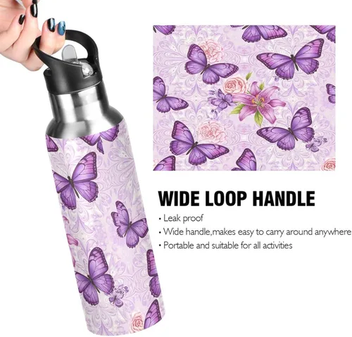 Vista 4 de Purple Butterflies Stainless Steel Water Bottle 20 Oz, BPA-Free Sports Water Bottle Leakproof Water Bottles