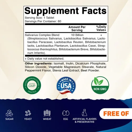 Vista 2 de Vitamatic Salivarius Complex 10 mil millones de tabletas masticables con sabor a menta – 60 unidades – Probióticos masticables de salud oral +