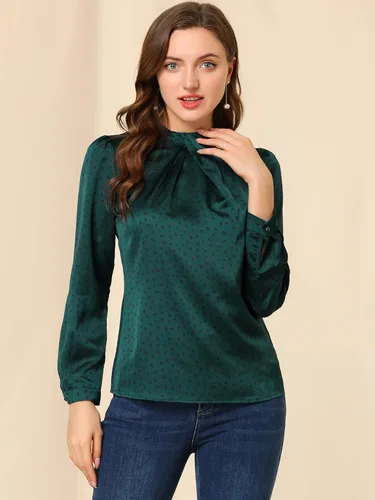 Vista 4 de Allegra K Blusa de satén de manga larga abombada con volantes y cuello torcido para mujer