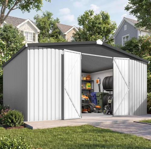 Vista 27 de AECOJOY Cobertizo de almacenamiento de metal para exteriores de 3 x 5 pies, cobertizo de herramientas de jardín resistente con puerta de gran