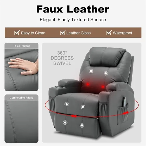 Vista 4 de Lazy Boy - Silla reclinable giratoria de 360° para adultos, mecedora con masaje y calor, mecedora manual con control remoto y soporte para tazas