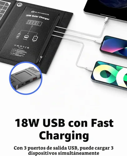 Vista 6 de ELECAENTA Panel solar portátil de 30W, 18W USB C, QC3.0 y USB A, conversión