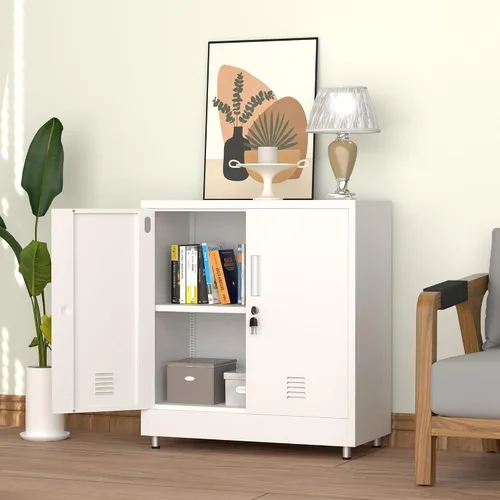 Vista 9 de Armario de almacenamiento de metal con puertas de bloqueo y estante ajustable, pequeño aparador con cerradura para el hogar, oficina, entrada, Blanco