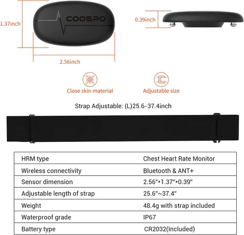 Vista 3 de COOSPO Banda de monitorización de frecuencia cardíaca para el pecho, sensor de frecuencia cardíaca Bluetooth ANT+ con batería de 400H, HRM