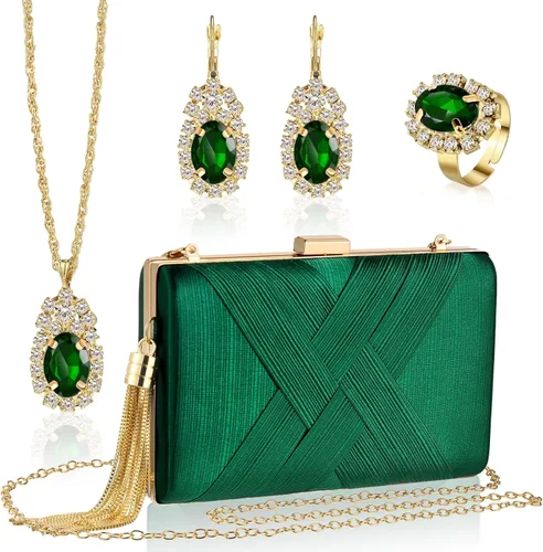 Vista 8 de Quelay Juego de 4 piezas de bolso de mano de satén para mujer, bolso de noche para banquete de boda, bolso de mano, collar vintage, aretes, juego