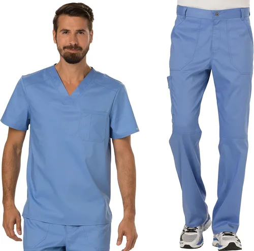 Vista 13 de Cherokee Conjunto de uniforme médico prémium para hombre, cuello en V y Azul Caribe
