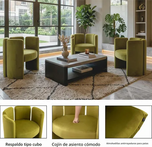 Vista 5 de Silla de terciopelo con diseño de barril, sillas auxiliares, color verde oliva