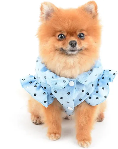 Vista 3 de SMALLLEE_LUCKY_STORE Camiseta de algodón con volantes y mangas con lazo para mascotas, camiseta de algodón para perros pequeños, medianos, gatos Azul