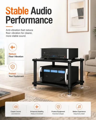 Vista 4 de Soporte para medios AV de 2 niveles, capacidad de carga de 176 libras, color negro anti-vibration feet that help reduce resonance for clearer