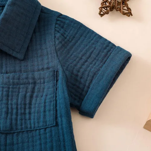 Vista 4 de Conjunto de ropa para bebés varones, camisas abotonadas para niños pequeños e infantes + pantalones cortos de gasa de algodón, conjunto de verano