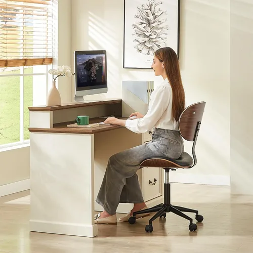 Vista 5 de Bestier Silla de oficina pequeña con soporte de respaldo de madera curvada, silla de escritorio sin brazos con giro de 360°, silla de computadora