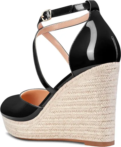 Vista 3 de Aachcol Zapatos de vestir de tacón alto con punta redonda para mujer, con correa de tobillo y tacón alto grueso, patente de boda, 4 pulgadas