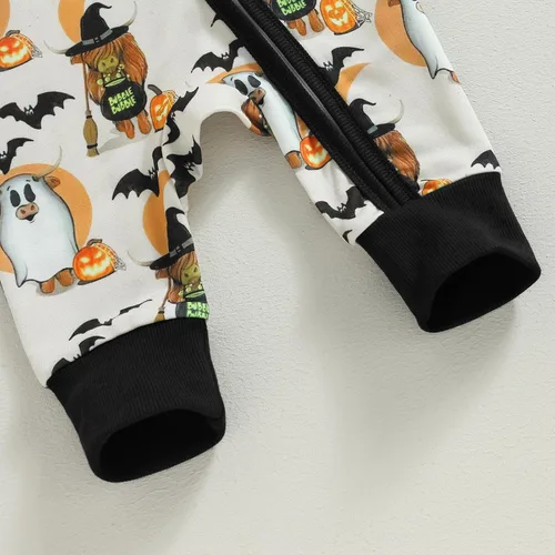 Vista 6 de Wrrkayly Ropa de Halloween para bebés niños y niñas, recién nacidos, manga larga, con capucha, mameluco de calabaza, fantasma, con cremallera