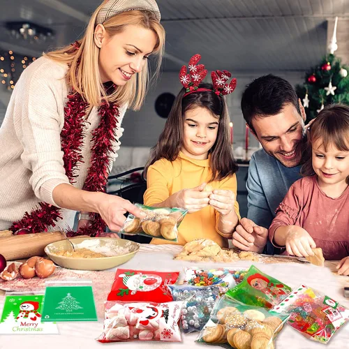 Vista 7 de FEBSNOW 450 bolsas de dulces de Navidad, bolsas autoadhesivas de celofán, bolsas de plástico para galletas para Navidad, fiestas, regalos
