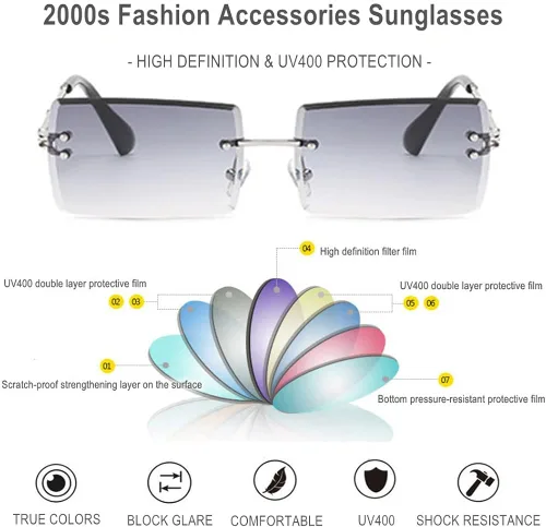 Vista 3 de BAWUYI Gafas de sol rectangulares sin montura de los años 90 años 2000 para mujeres y hombres accesorios Y2K vintage retro sin marco gafas cuadradas