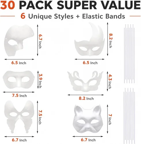 Vista 2 de Nicunom Paquete de 30 máscaras de papel maché, máscaras en blanco para pintar para mascarada, máscaras blancas de media cara, máscara