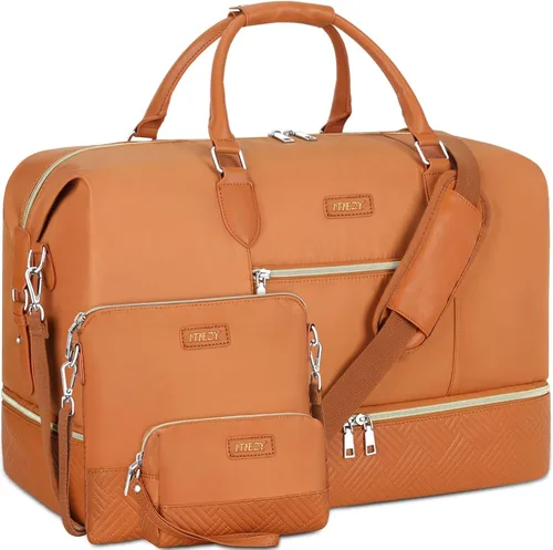 Vista 32 de Bolsa de fin de semana para mujer, bolsa de viaje de nailon, con compartimento para zapatos, tamaño grande 1-beige