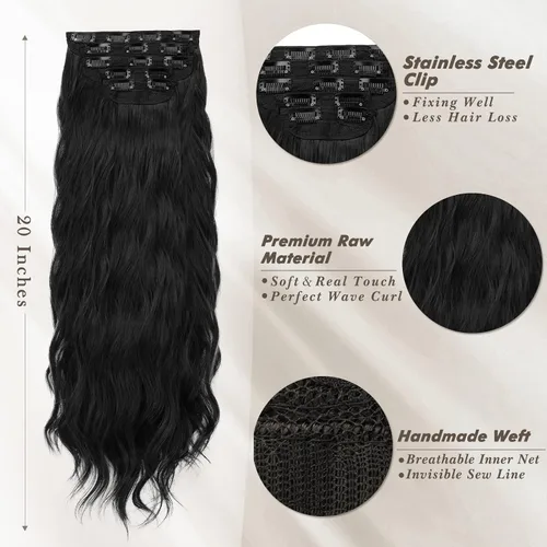 Vista 3 de BARSDAR Clip en flequillo de cabello humano + extensiones de cabello ondulado con clip - Negro