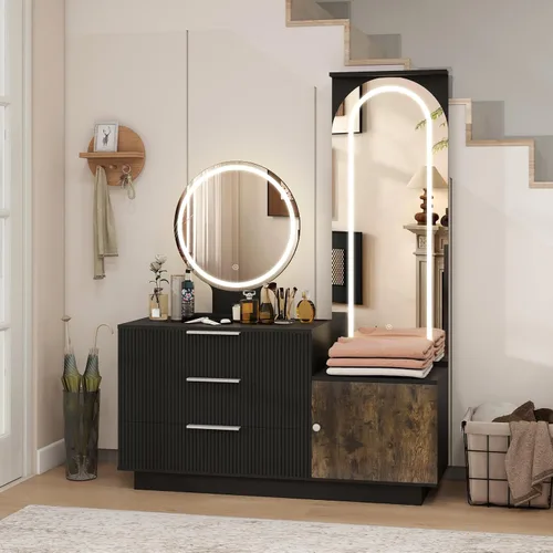 Vista 8 de ARTETHYS Escritorio de tocador con espejo y luces, tocador de maquillaje negro con estación de carga y espejo de longitud completa con parte