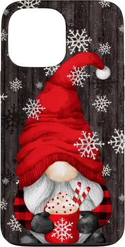 Vista 23 de iPhone 14 Pro Gnomo de Navidad rojo para mujeres con taza de cacao caliente lindo estuche de Navidad