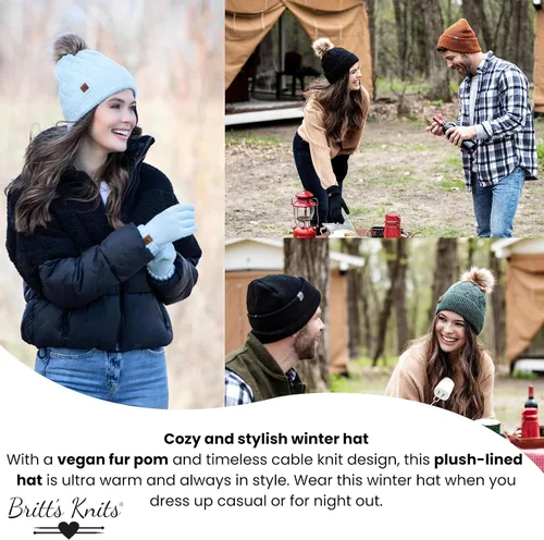 Vista 5 de Britt's Knits Gorro de punto cálido para mujer, con forro de felpa, pompón para clima frío