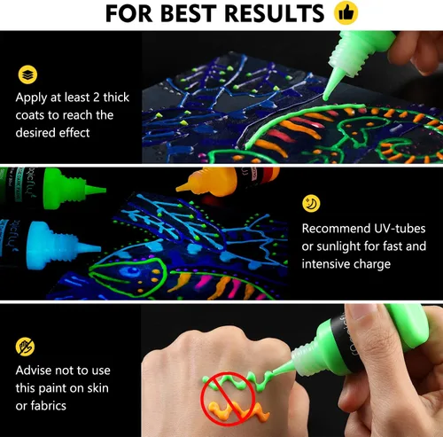 Vista 7 de Magicfly Pintura acrílica que brilla en la oscuridad, 10 colores brillantes de pintura líquida luminosa, pinturas de neón que brillan