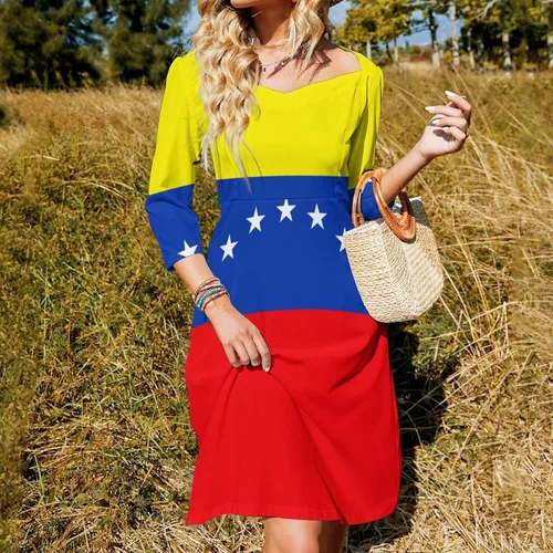 Vista 2 de Elegante vestido casual con lazo de la bandera venezolana para mujer, vestido floral acampanado, vestido de verano para niña, vestido de verano